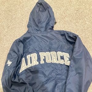 Gear for Sports Air Force hooded zip down jacket, size med. Nylon shell.
